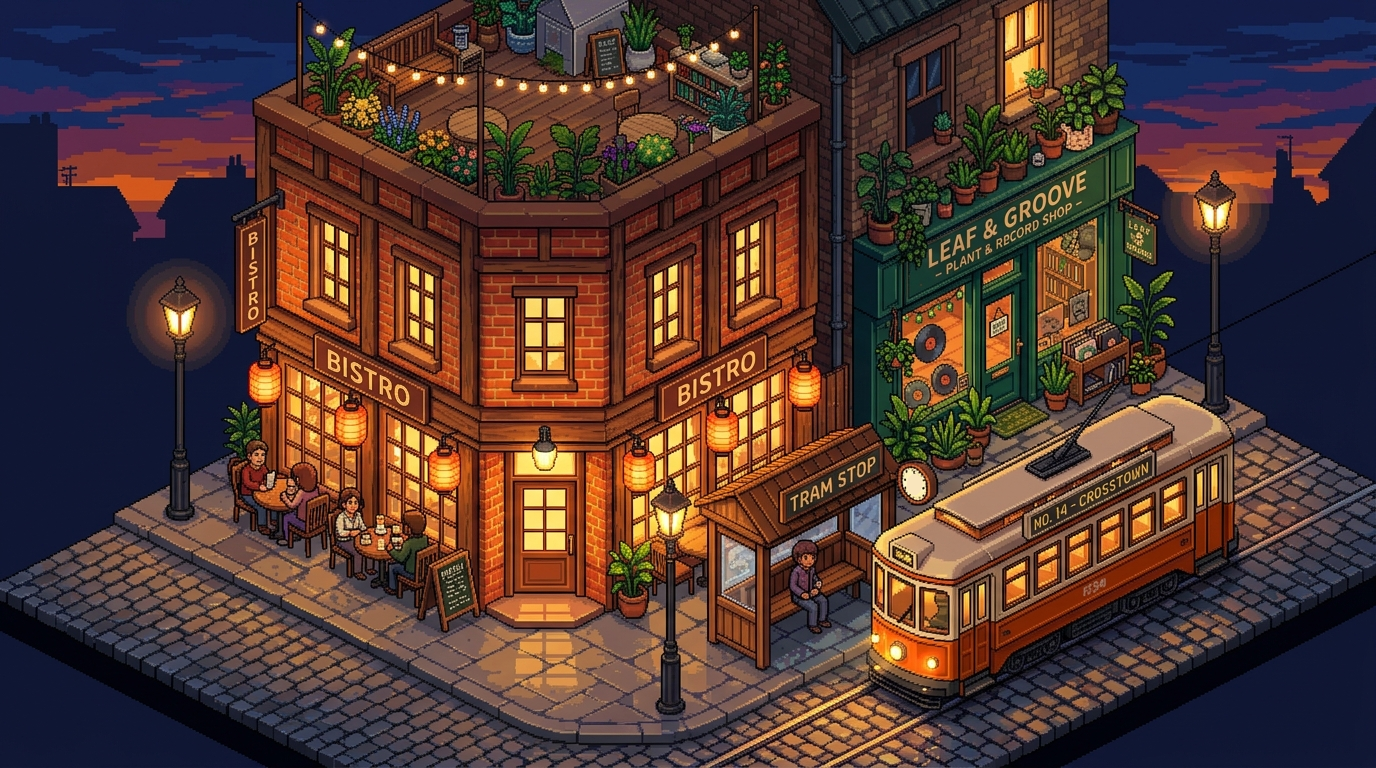 Brog City intimate 2.5D isometric pixel-art diorama showing the Twilight Tram Stop and Corner Bistro scene
